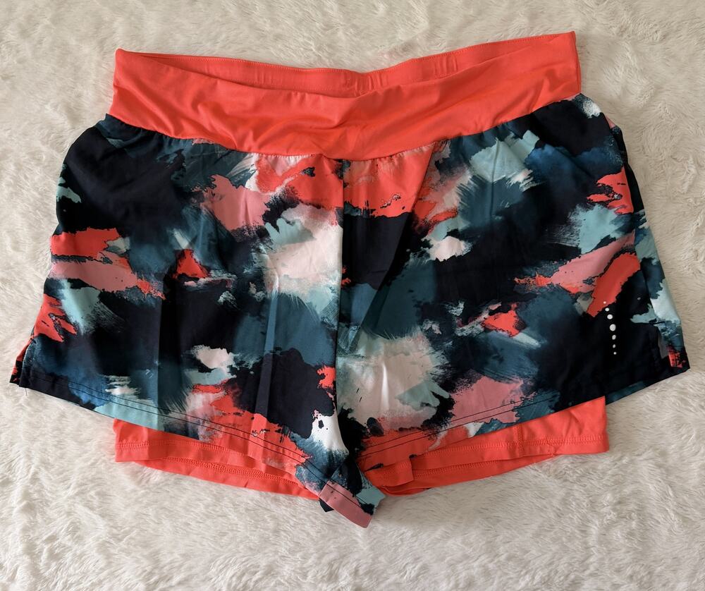 Crivit 2-in-1 Running Shorts Womens L 12/14 Coral Abstract Layered Activewear